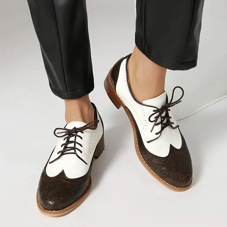 Women Lace Up Brogue Shoes Glossy Patent Leather Low Block Heels with Patchwork
