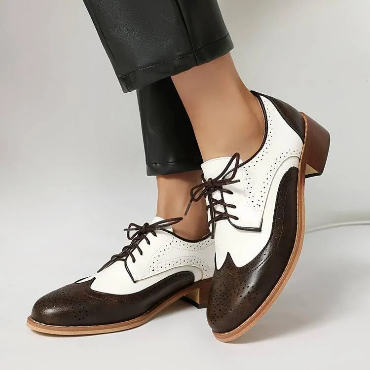 Women Lace Up Brogue Shoes Glossy Patent Leather Low Block Heels with Patchwork