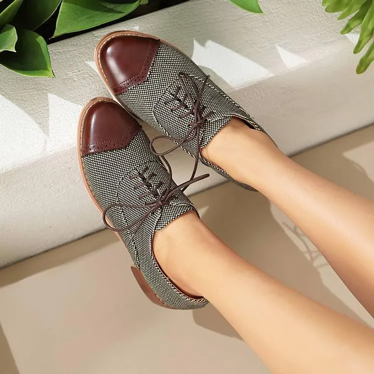 Women Lace Up Brogue Shoes Glossy Patent Leather Mixed Colors Low Block Heels