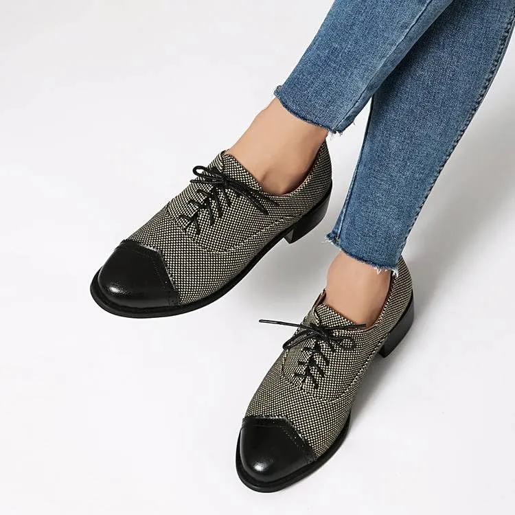Women Lace Up Brogue Shoes Glossy Patent Leather Mixed Colors Low Block Heels