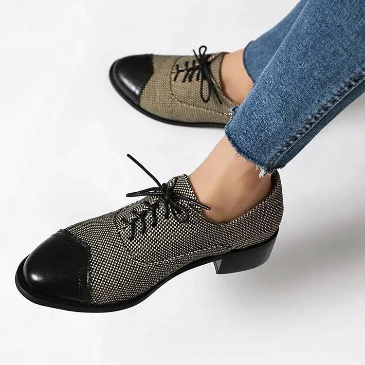 Women Lace Up Brogue Shoes Glossy Patent Leather Mixed Colors Low Block Heels