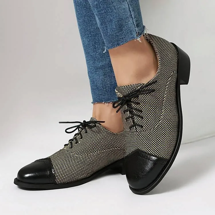 Women Lace Up Brogue Shoes Glossy Patent Leather Mixed Colors Low Block Heels
