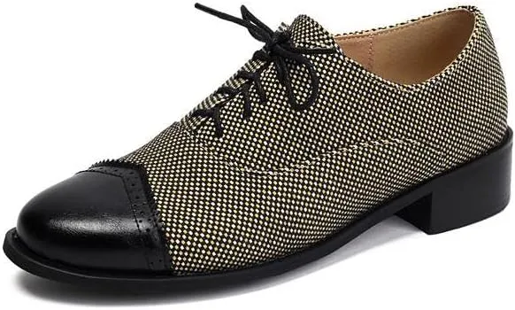 Women Lace Up Brogue Shoes Glossy Patent Leather Mixed Colors Low Block Heels