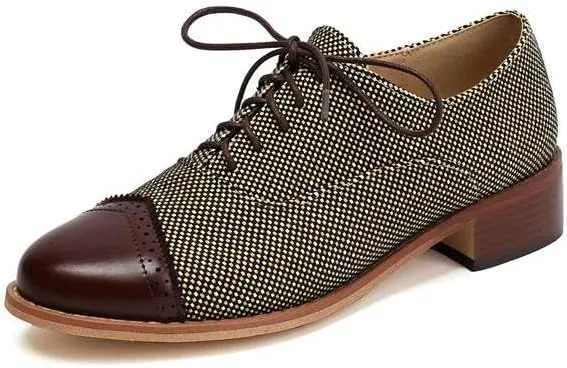 Women Lace Up Brogue Shoes Glossy Patent Leather Mixed Colors Low Block Heels
