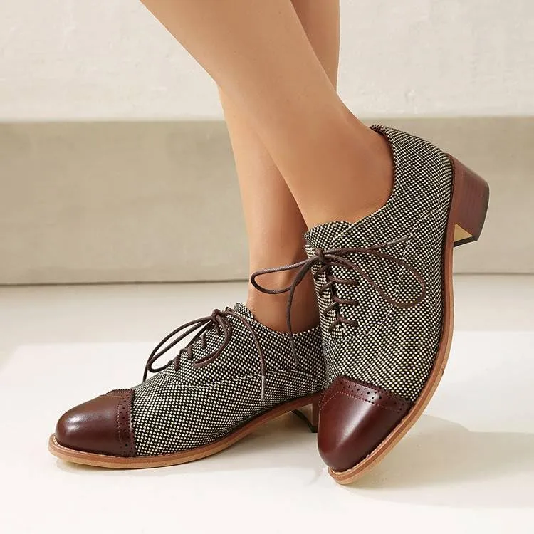 Women Lace Up Brogue Shoes Glossy Patent Leather Mixed Colors Low Block Heels