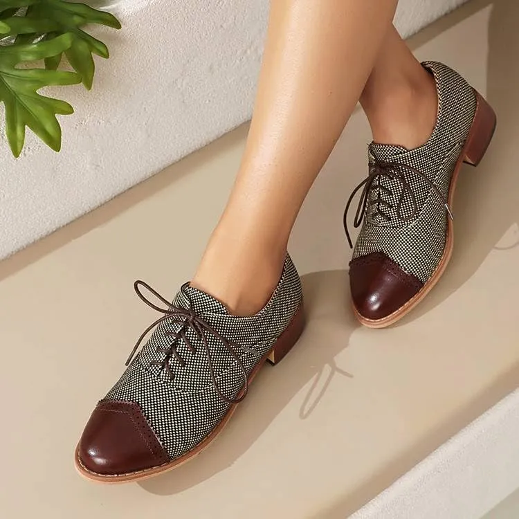 Women Lace Up Brogue Shoes Glossy Patent Leather Mixed Colors Low Block Heels