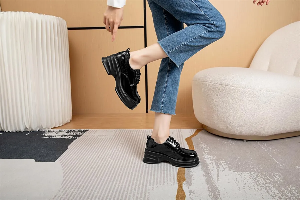 Women's Chunky heels loafers shoes Oxfords Dress Platform patent leather for Office Lady