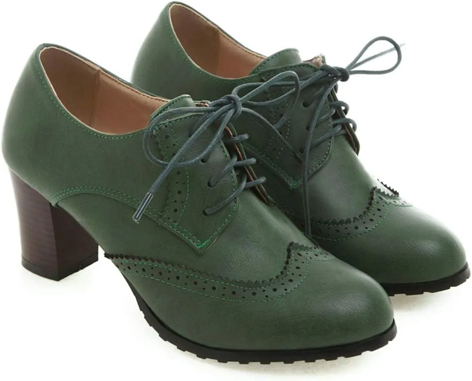 Womens Chunky High Heel Pumps Lace Up Oxfords Brogues Shoes