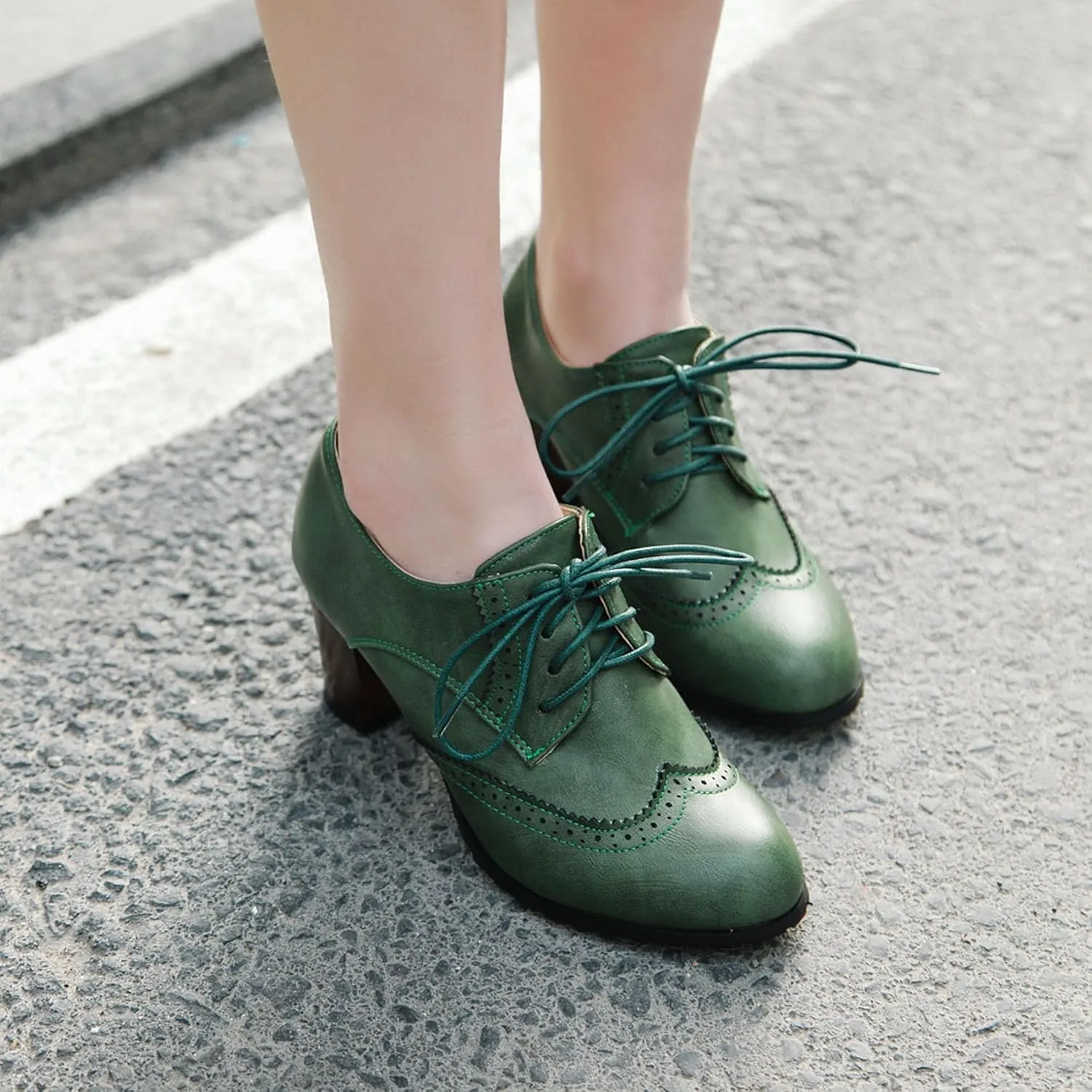 Womens Chunky High Heel Pumps Lace Up Oxfords Brogues Shoes