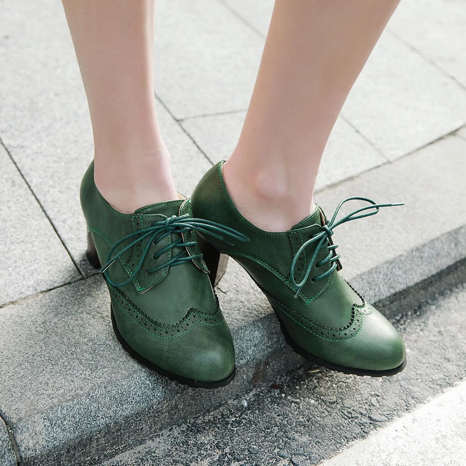 Womens Chunky High Heel Pumps Lace Up Oxfords Brogues Shoes