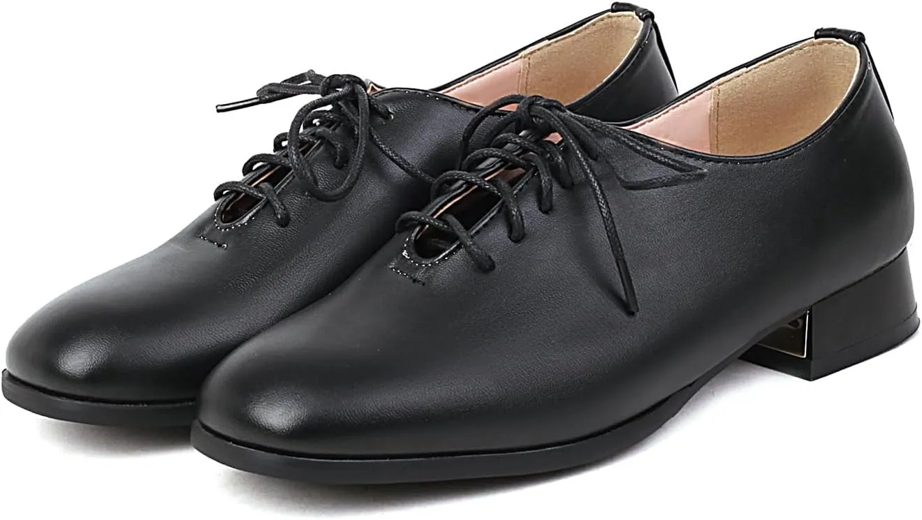 Women's Closed Square Toe Low Heel Oxford Flats Vintage Brogues Lace Up Pumps PU Leather Dress Shoes