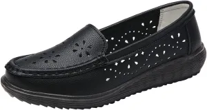 Women's Flat Loafer Slip On Leather Loafer Soft Cushioned Walking Driving Shoes Breathable Hollow Out Shoes