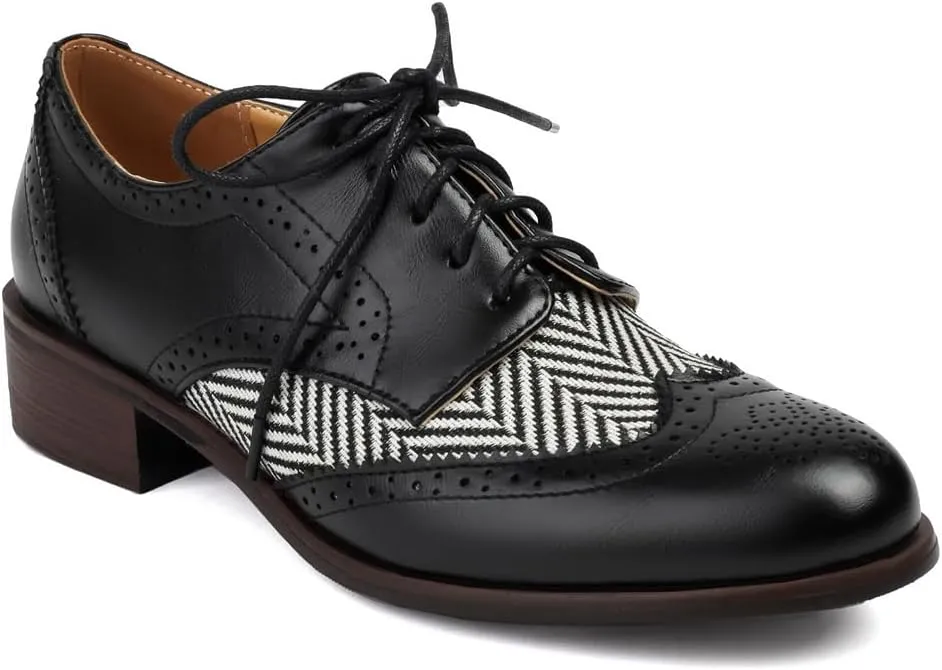 Women's Flat Low Heel Saddle Oxford Shoes Two Toned Wingtip Perforated Lace Up School Uniform Oxfords Brogues