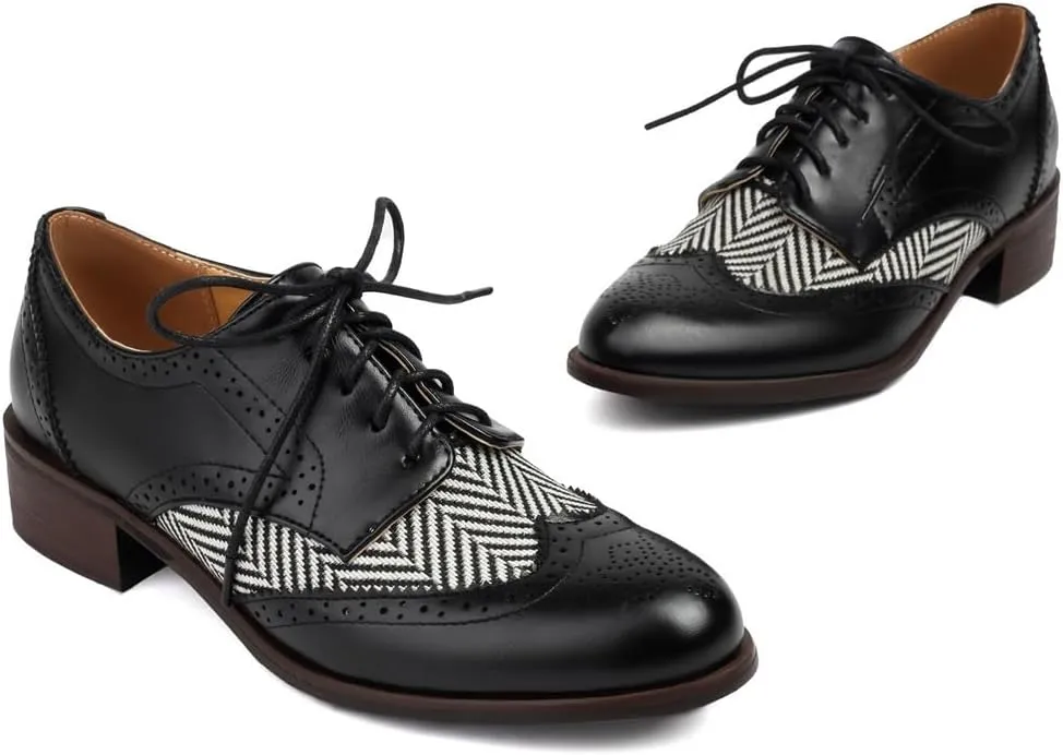 Women's Flat Low Heel Saddle Oxford Shoes Two Toned Wingtip Perforated Lace Up School Uniform Oxfords Brogues