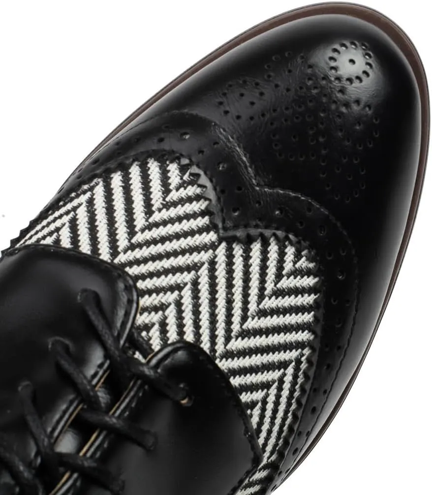 Women's Flat Low Heel Saddle Oxford Shoes Two Toned Wingtip Perforated Lace Up School Uniform Oxfords Brogues