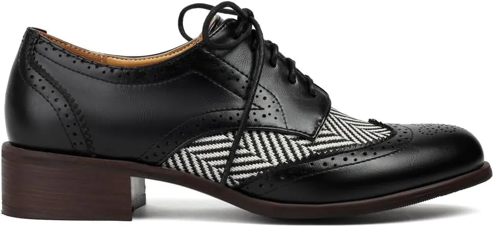 Women's Flat Low Heel Saddle Oxford Shoes Two Toned Wingtip Perforated Lace Up School Uniform Oxfords Brogues