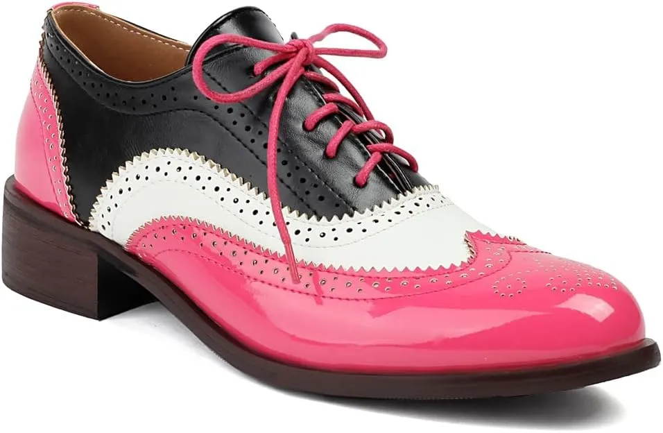 Women's Flat Saddle Oxford Shoes Two Toned Round Toe Wingtip Lace Up Perforated Low Heel School Oxfords Brogues