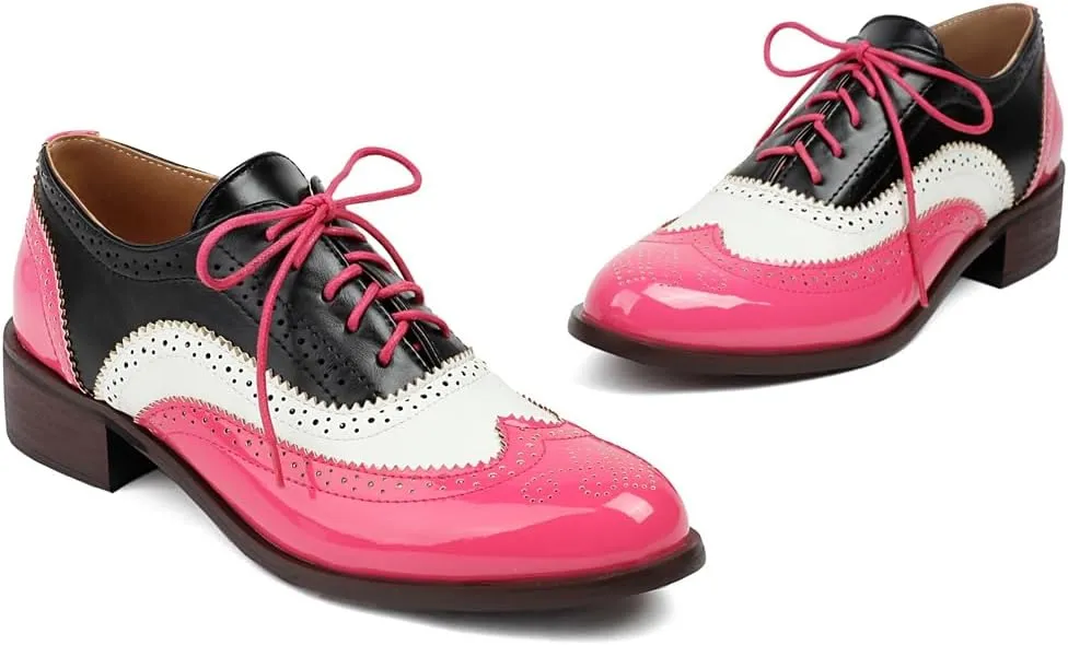 Women's Flat Saddle Oxford Shoes Two Toned Round Toe Wingtip Lace Up Perforated Low Heel School Oxfords Brogues