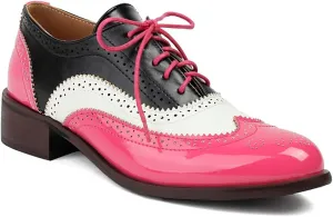Women's Flat Saddle Oxford Shoes Two Toned Round Toe Wingtip Lace Up Perforated Low Heel School Oxfords Brogues