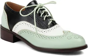 Women's Flat Saddle Oxford Shoes Two Toned Round Toe Wingtip Lace Up Perforated Low Heel School Oxfords Brogues