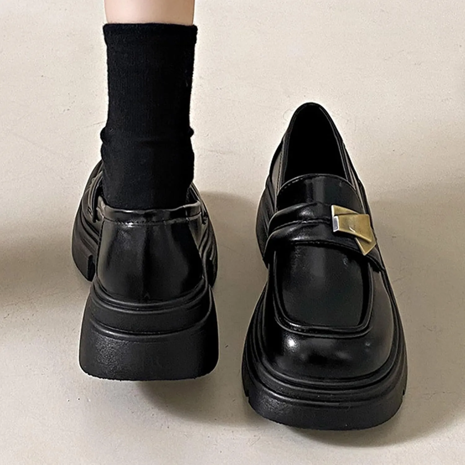 Women's Leather Round Toe Chunky Heels Platform Loafers Slip On Fashion Monk Strap Oxfords Comfortable Casual Business Dress Shoes Work Shoes