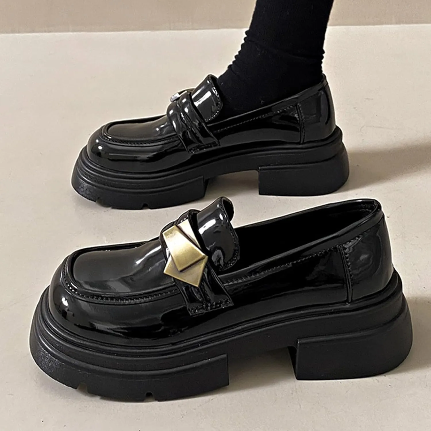 Women's Leather Round Toe Chunky Heels Platform Loafers Slip On Fashion Monk Strap Oxfords Comfortable Casual Business Dress Shoes Work Shoes