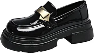 Women's Leather Round Toe Chunky Heels Platform Loafers Slip On Fashion Monk Strap Oxfords Comfortable Casual Business Dress Shoes Work Shoes