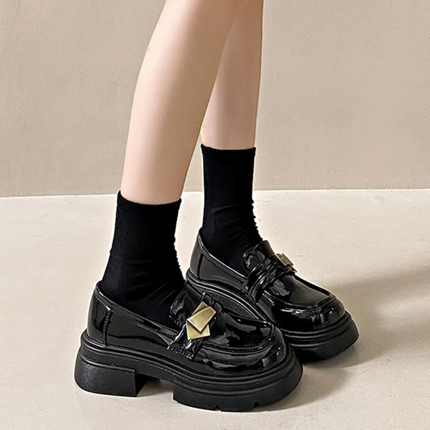 Women's Leather Round Toe Chunky Heels Platform Loafers Slip On Fashion Monk Strap Oxfords Comfortable Casual Business Dress Shoes Work Shoes