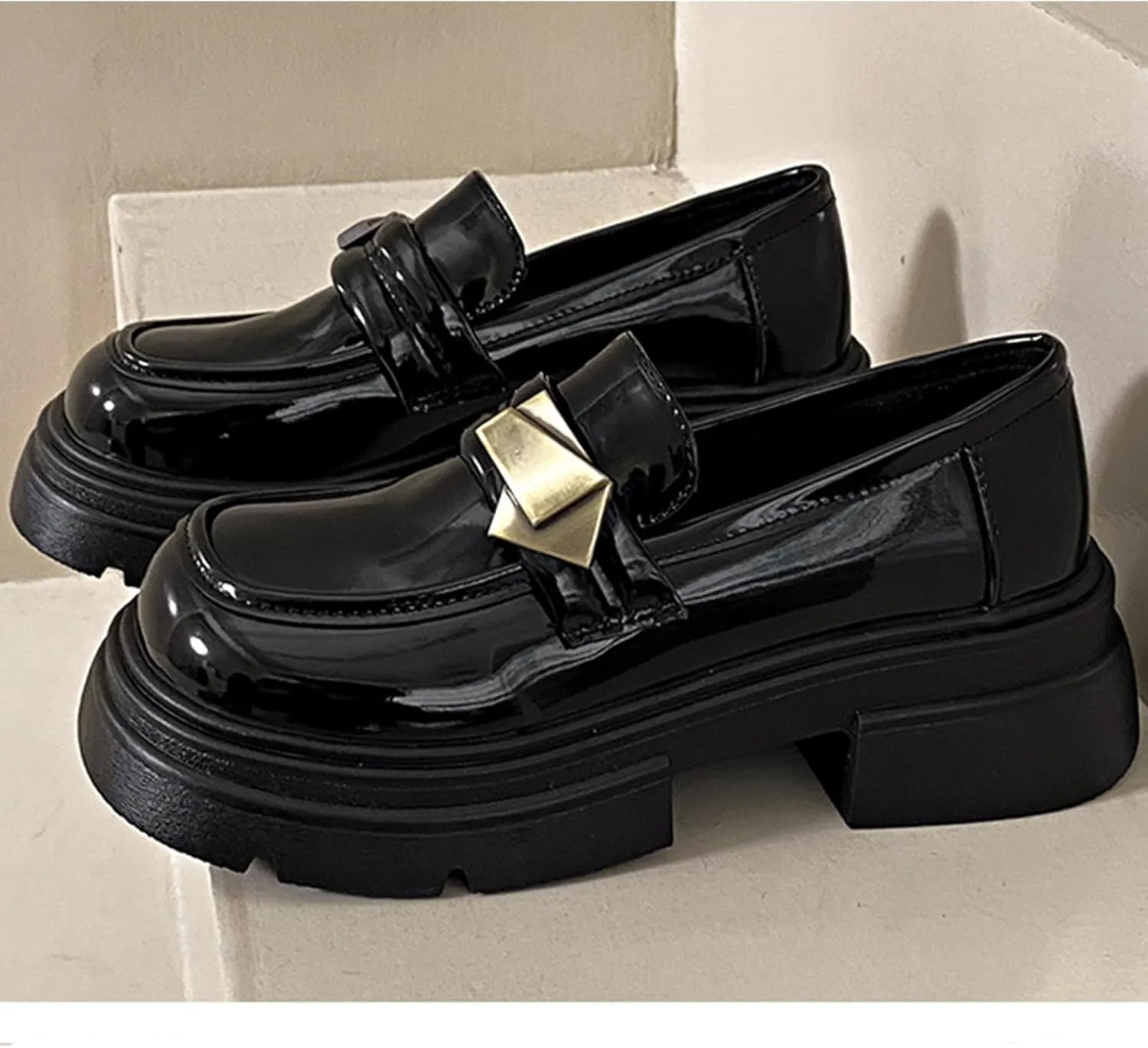 Women's Leather Round Toe Chunky Heels Platform Loafers Slip On Fashion Monk Strap Oxfords Comfortable Casual Business Dress Shoes Work Shoes