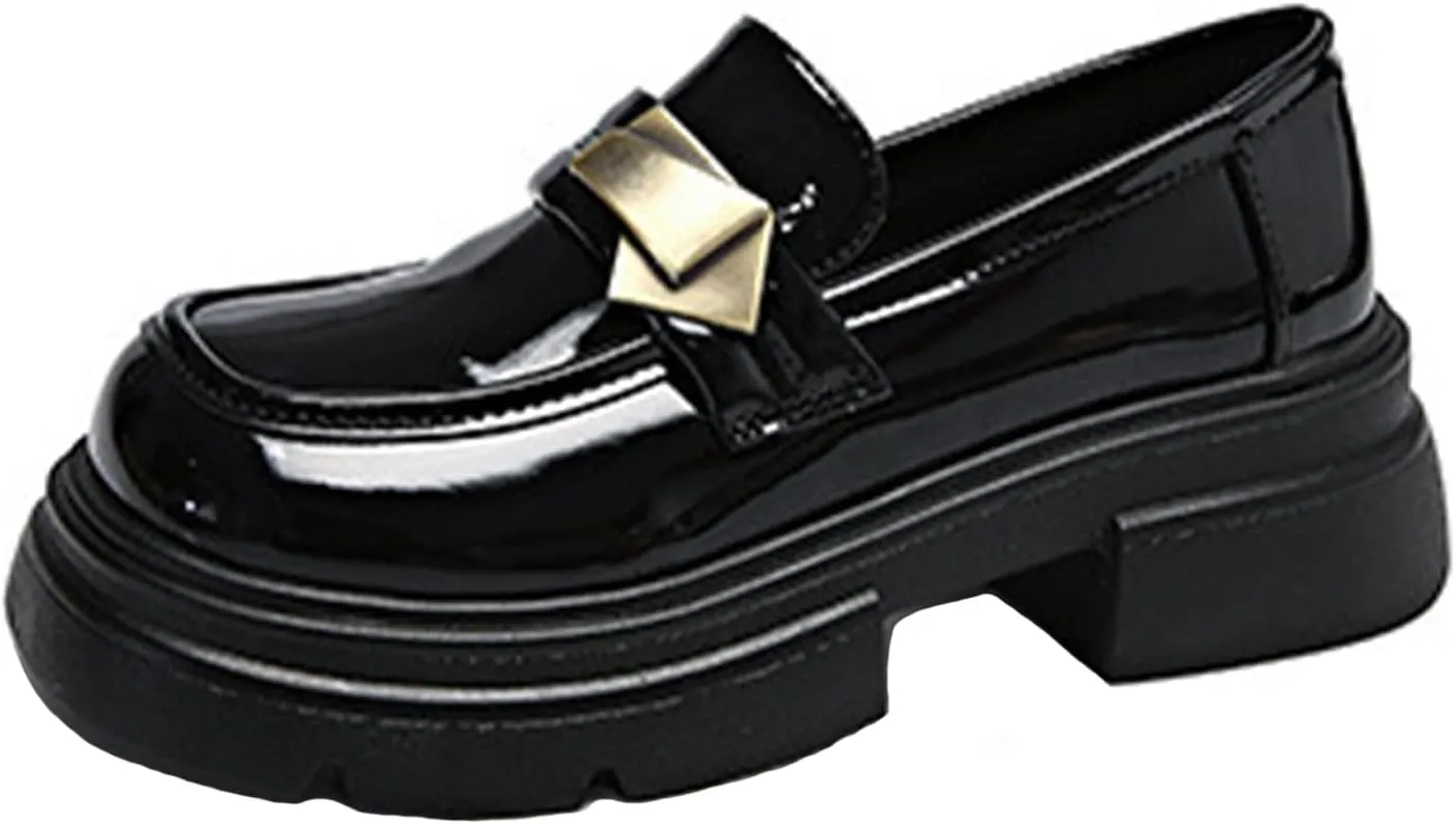Women's Leather Round Toe Chunky Heels Platform Loafers Slip On Fashion Monk Strap Oxfords Comfortable Casual Business Dress Shoes Work Shoes
