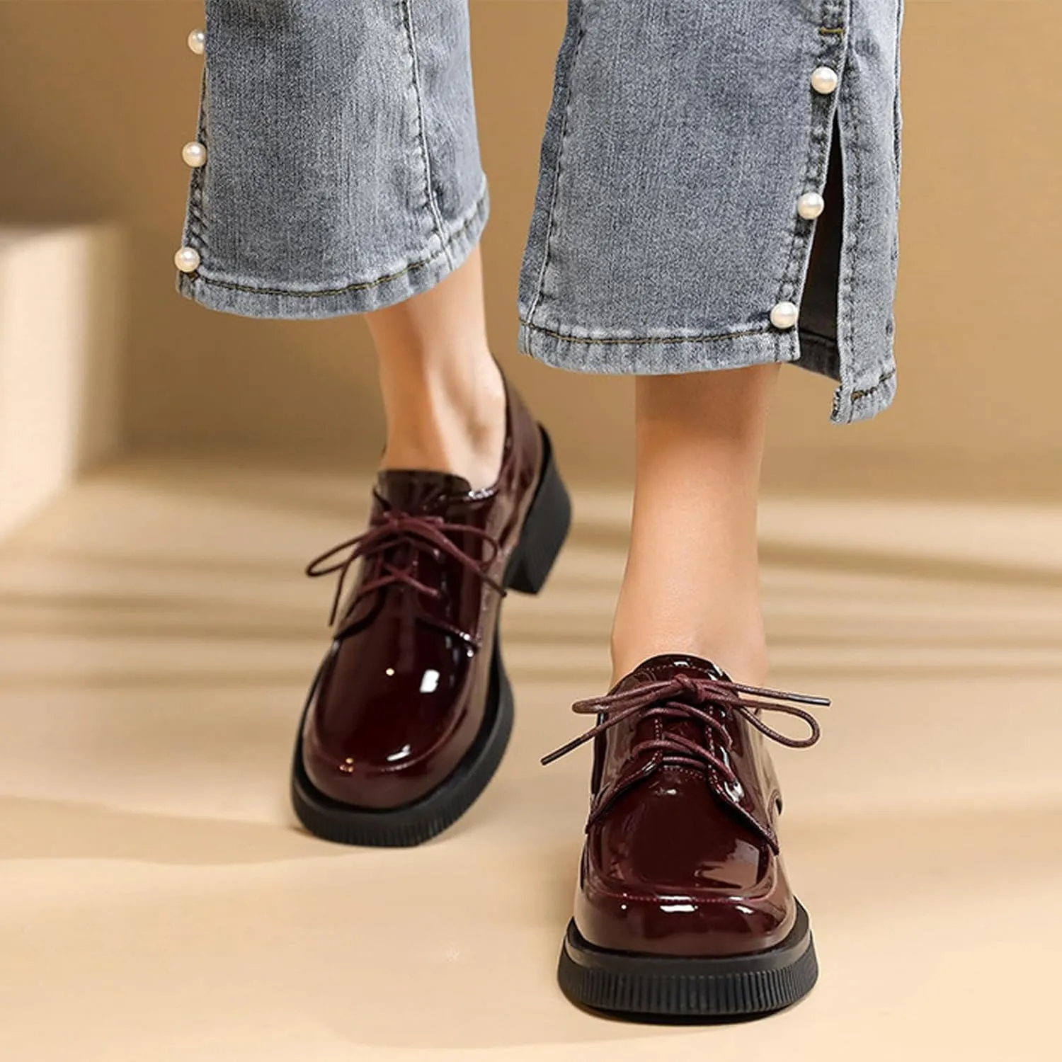 Women's Patent Leather Lace Up Block Low Heel Oxfords Round Toe Chunky Platform Formal Work Dress Loafers Daily Non-Slip Soft Sole Casual Shoes