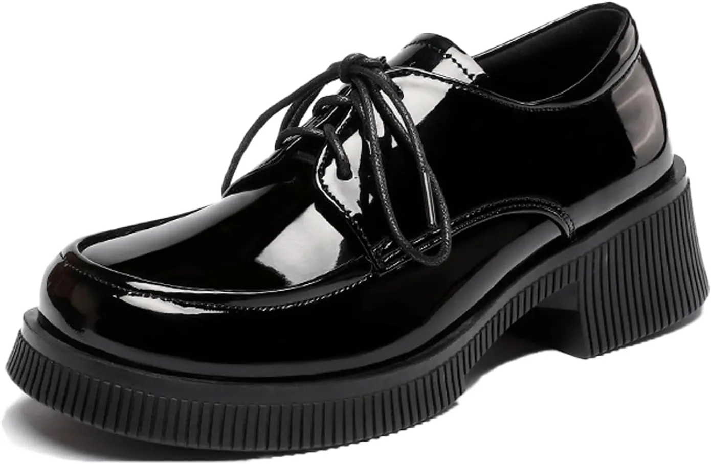 Women's Patent Leather Lace Up Block Low Heel Oxfords Round Toe Chunky Platform Formal Work Dress Loafers Daily Non-Slip Soft Sole Casual Shoes