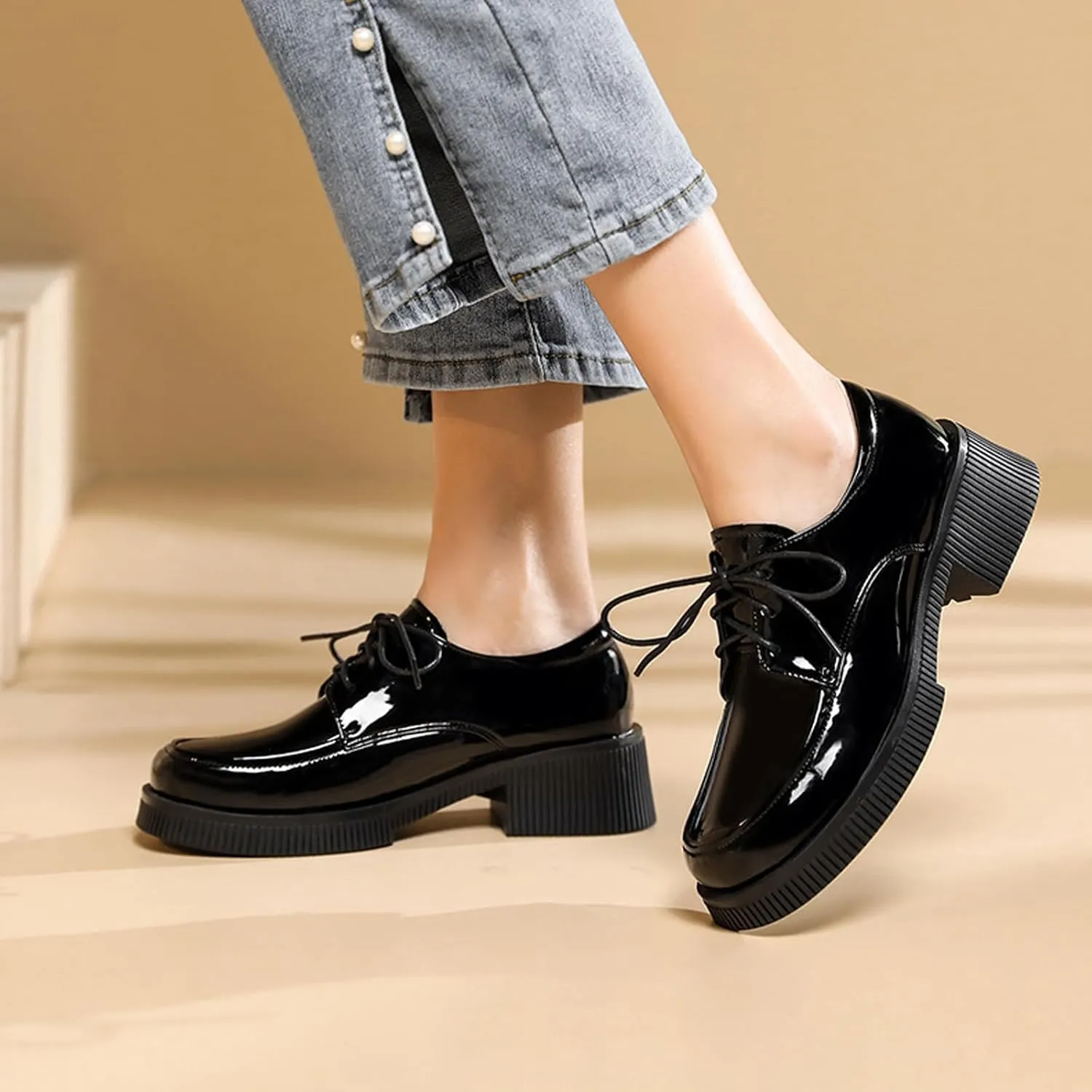 Women's Patent Leather Lace Up Block Low Heel Oxfords Round Toe Chunky Platform Formal Work Dress Loafers Daily Non-Slip Soft Sole Casual Shoes