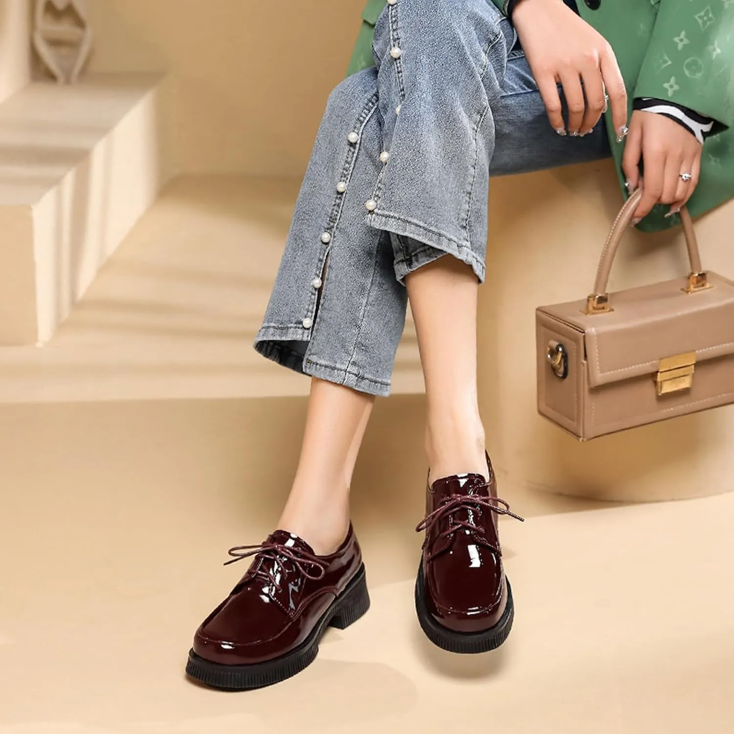 Women's Patent Leather Lace Up Block Low Heel Oxfords Round Toe Chunky Platform Formal Work Dress Loafers Daily Non-Slip Soft Sole Casual Shoes
