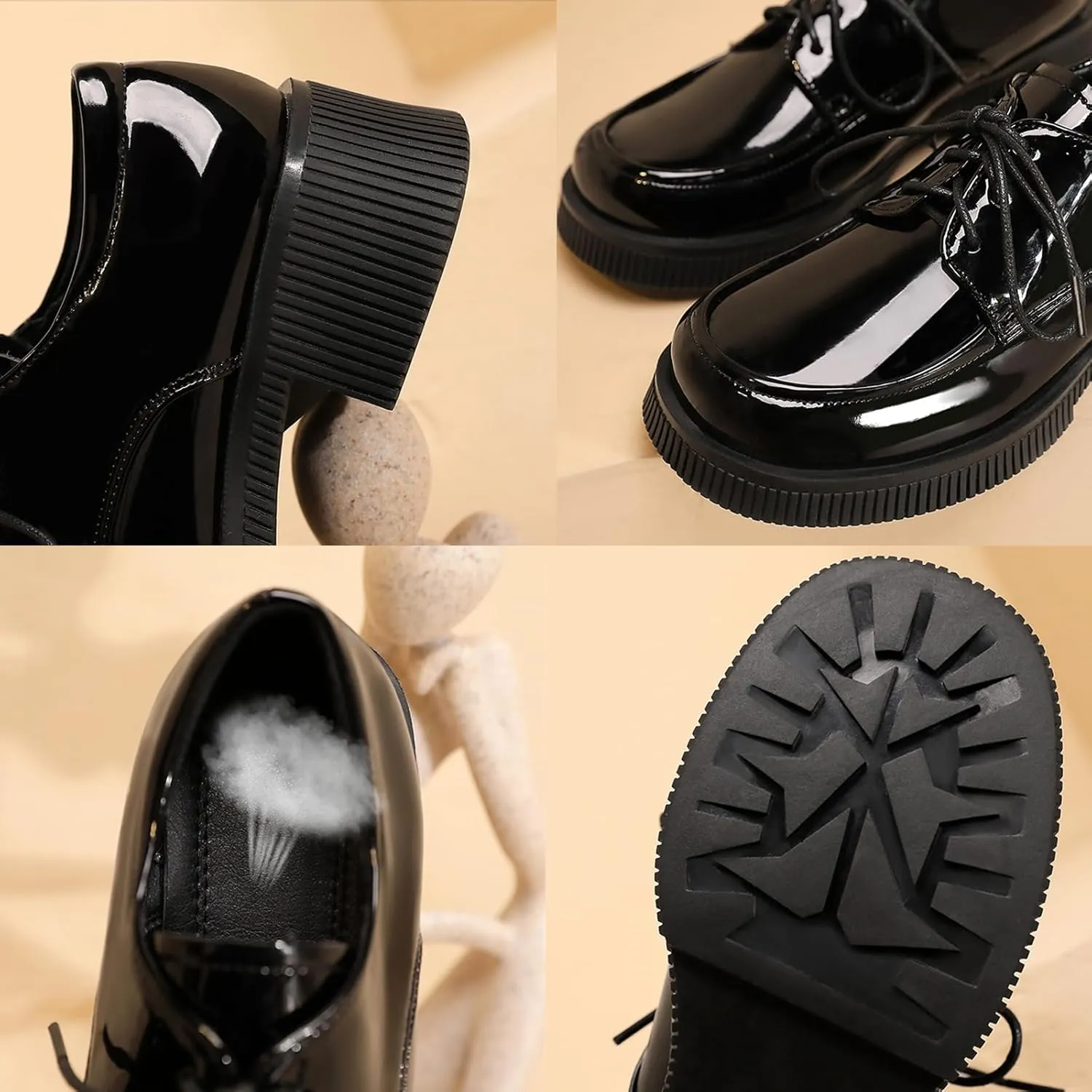 Women's Patent Leather Lace Up Block Low Heel Oxfords Round Toe Chunky Platform Formal Work Dress Loafers Daily Non-Slip Soft Sole Casual Shoes