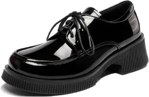 Women's Patent Leather Lace Up Block Low Heel Oxfords Round Toe Chunky Platform Formal Work Dress Loafers Daily Non-Slip Soft Sole Casual Shoes