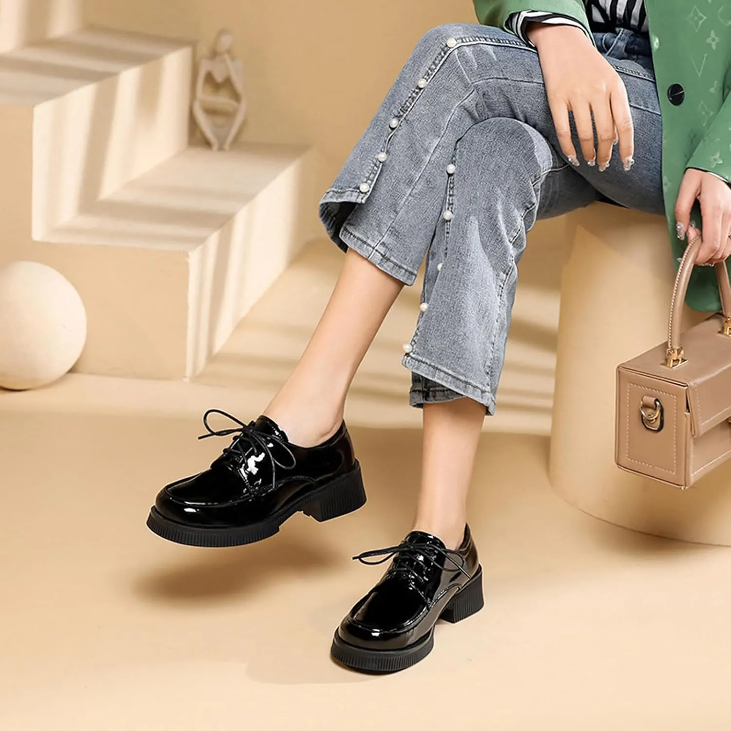 Women's Patent Leather Lace Up Block Low Heel Oxfords Round Toe Chunky Platform Formal Work Dress Loafers Daily Non-Slip Soft Sole Casual Shoes