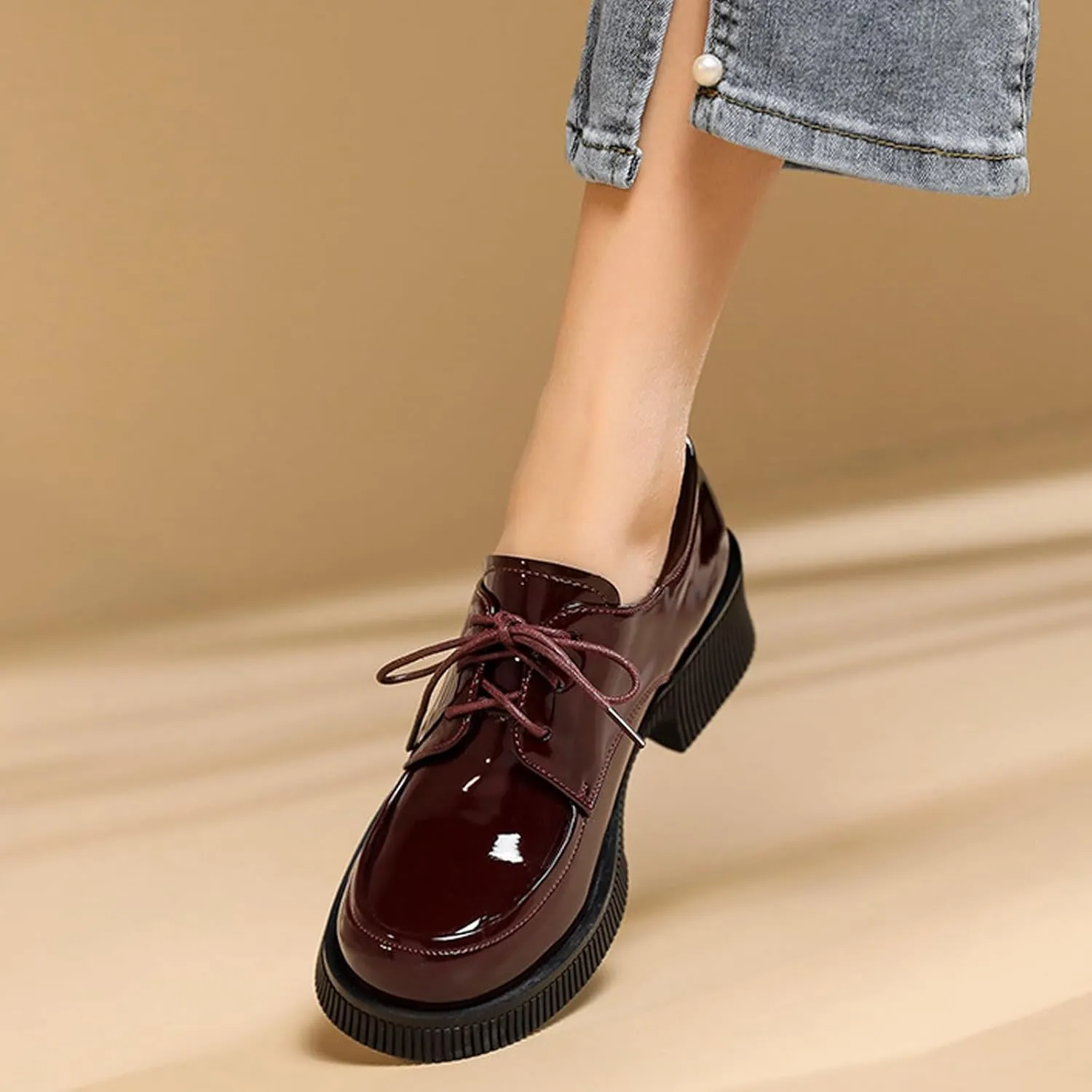Women's Patent Leather Lace Up Block Low Heel Oxfords Round Toe Chunky Platform Formal Work Dress Loafers Daily Non-Slip Soft Sole Casual Shoes