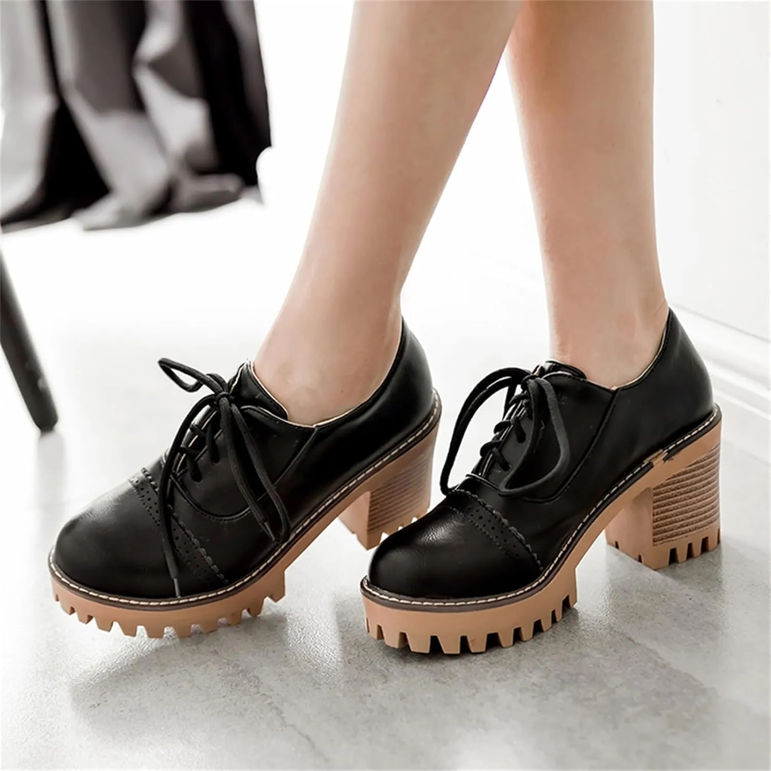 Women's Platform Round Closed Toe Pump Boat Brogue Loafers Lace Up Pull-On Comfortable Chunky High Heels Gear Bottom Office Work Casual All Weather Fashion Business Dress Shoes