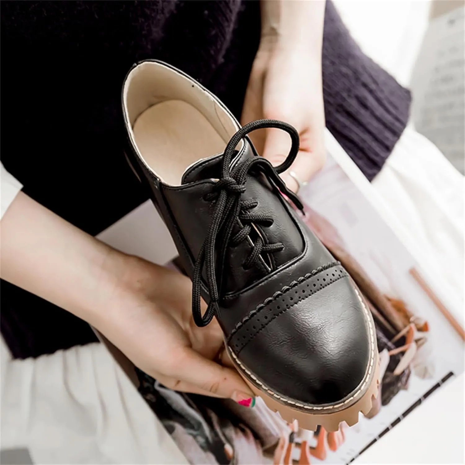 Women's Platform Round Closed Toe Pump Boat Brogue Loafers Lace Up Pull-On Comfortable Chunky High Heels Gear Bottom Office Work Casual All Weather Fashion Business Dress Shoes