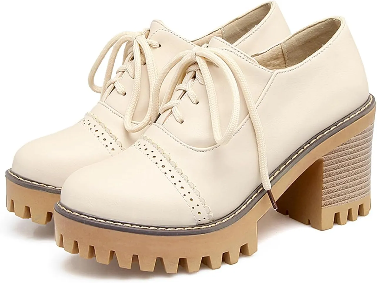 Women's Platform Round Closed Toe Pump Boat Brogue Loafers Lace Up Pull-On Comfortable Chunky High Heels Gear Bottom Office Work Casual All Weather Fashion Business Dress Shoes