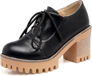 Women's Platform Round Closed Toe Pump Boat Brogue Loafers Lace Up Pull-On Comfortable Chunky High Heels Gear Bottom Office Work Casual All Weather Fashion Business Dress Shoes