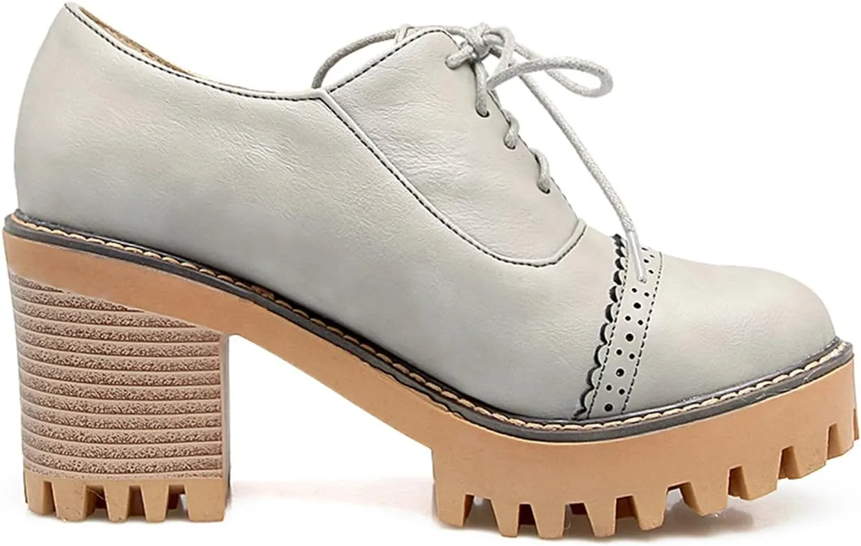 Women's Platform Round Closed Toe Pump Boat Brogue Loafers Lace Up Pull-On Comfortable Chunky High Heels Gear Bottom Office Work Casual All Weather Fashion Business Dress Shoes