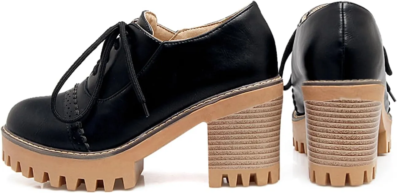 Women's Platform Round Closed Toe Pump Boat Brogue Loafers Lace Up Pull-On Comfortable Chunky High Heels Gear Bottom Office Work Casual All Weather Fashion Business Dress Shoes