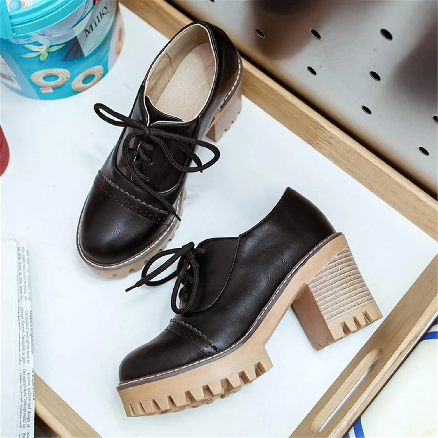 Women's Platform Round Closed Toe Pump Boat Brogue Loafers Lace Up Pull-On Comfortable Chunky High Heels Gear Bottom Office Work Casual All Weather Fashion Business Dress Shoes