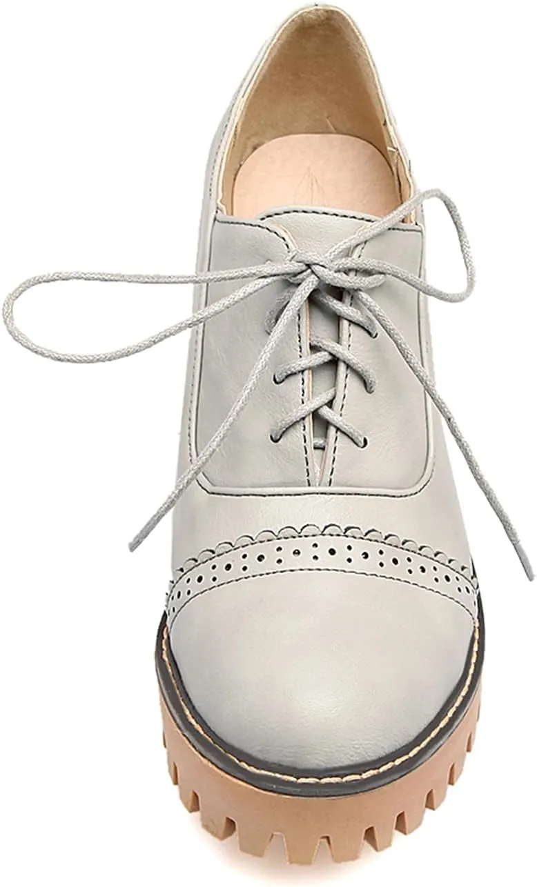 Women's Platform Round Closed Toe Pump Boat Brogue Loafers Lace Up Pull-On Comfortable Chunky High Heels Gear Bottom Office Work Casual All Weather Fashion Business Dress Shoes