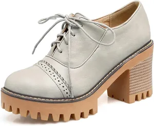 Women's Platform Round Closed Toe Pump Boat Brogue Loafers Lace Up Pull-On Comfortable Chunky High Heels Gear Bottom Office Work Casual All Weather Fashion Business Dress Shoes