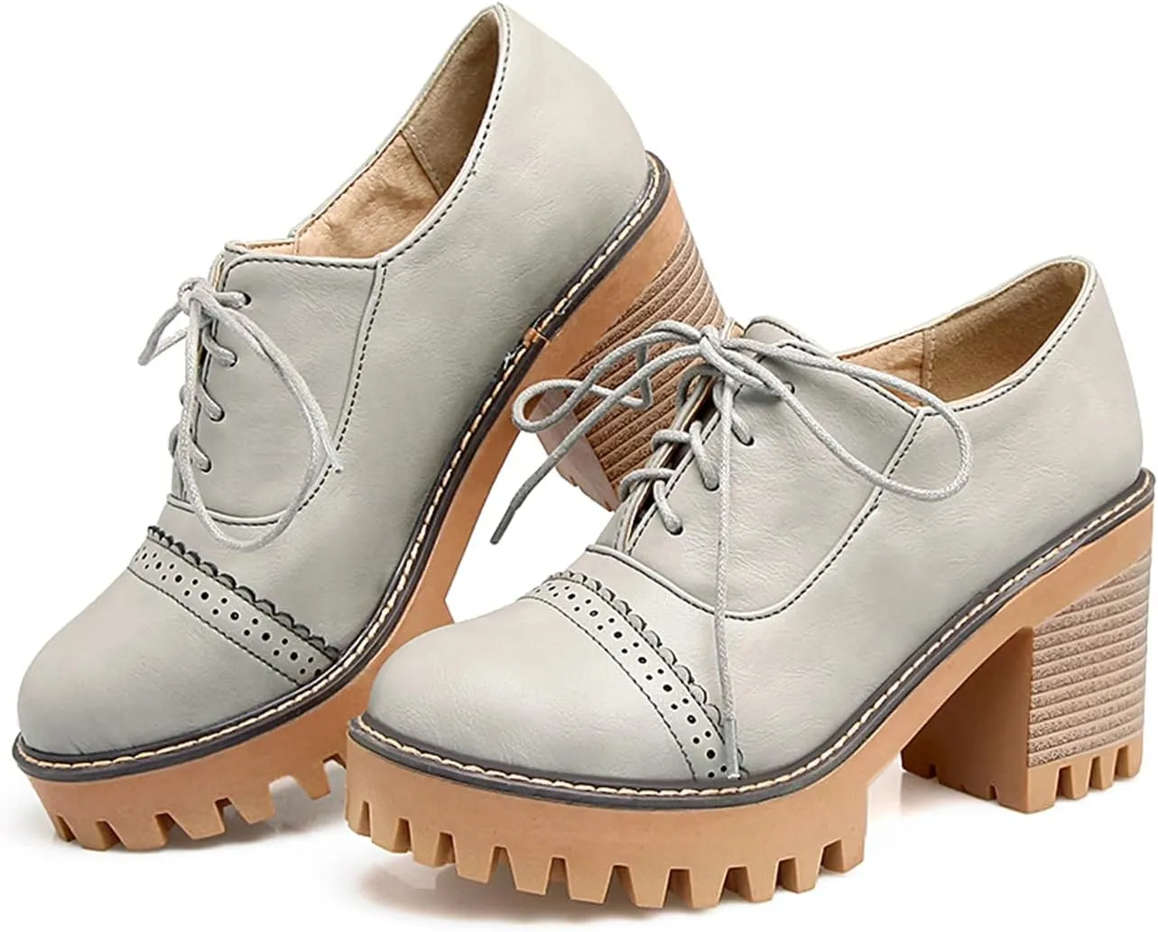 Women's Platform Round Closed Toe Pump Boat Brogue Loafers Lace Up Pull-On Comfortable Chunky High Heels Gear Bottom Office Work Casual All Weather Fashion Business Dress Shoes