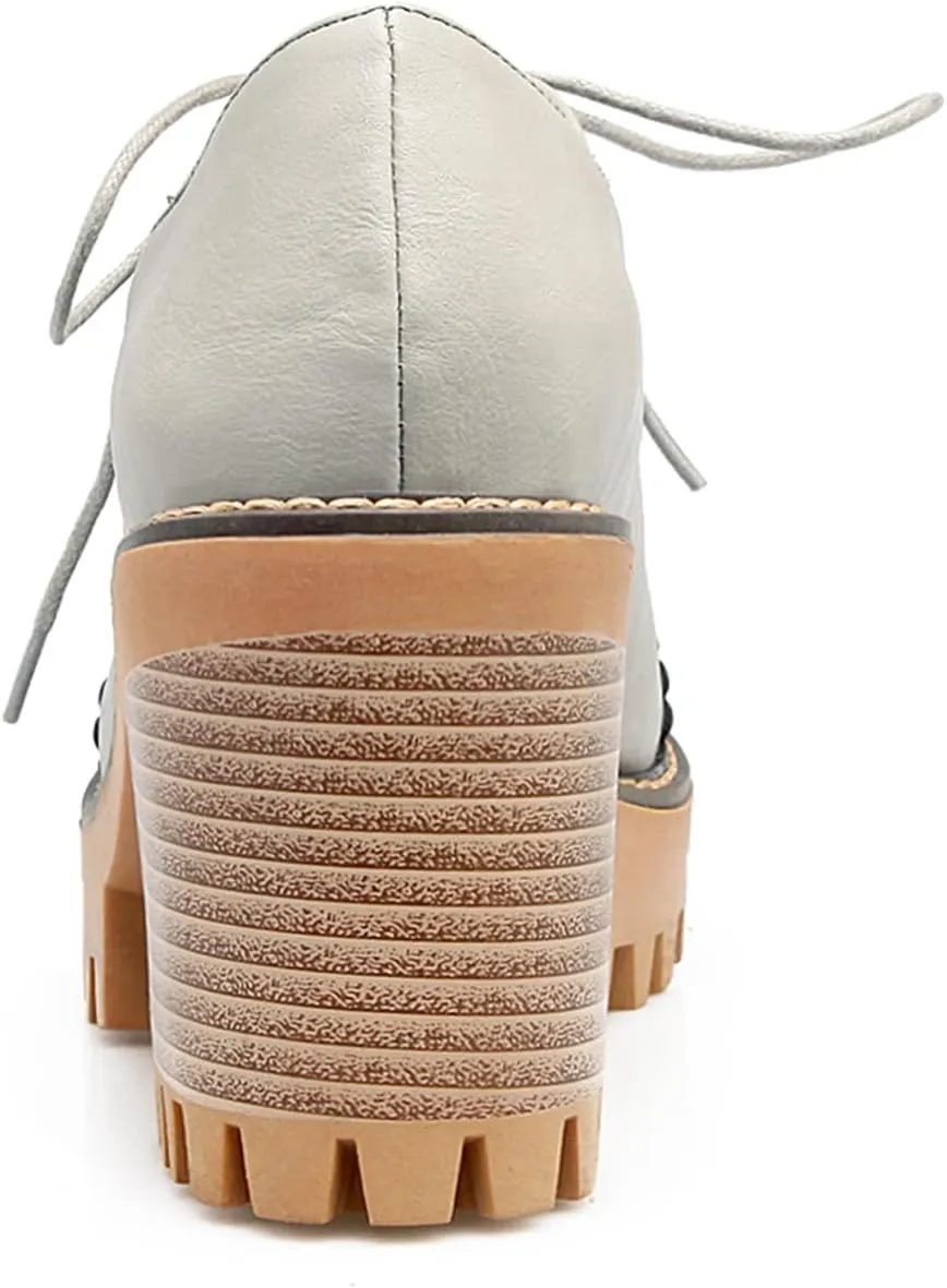 Women's Platform Round Closed Toe Pump Boat Brogue Loafers Lace Up Pull-On Comfortable Chunky High Heels Gear Bottom Office Work Casual All Weather Fashion Business Dress Shoes