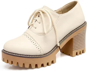 Women's Platform Round Closed Toe Pump Boat Brogue Loafers Lace Up Pull-On Comfortable Chunky High Heels Gear Bottom Office Work Casual All Weather Fashion Business Dress Shoes